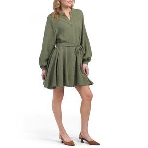 NOUVEAU MOHDE Bay Leaf Belted Double Gauze Godet Mini Dress